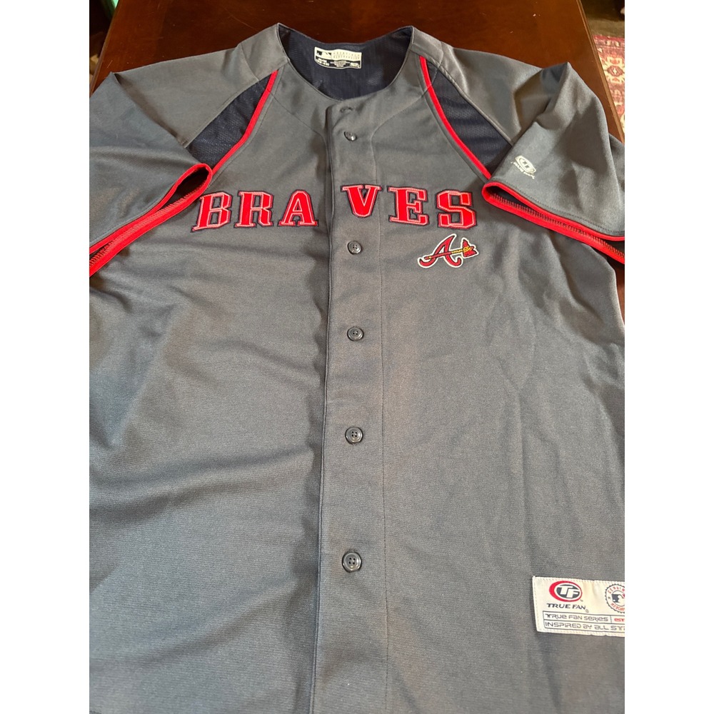 True Fan Atlanta Braves MLB Baseball Jersey Charcoal Grey Red Mesh Men Medium M